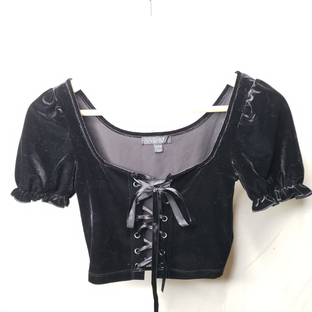 Widow Dolls Kill Black Velvet Lace-Up Crop Top